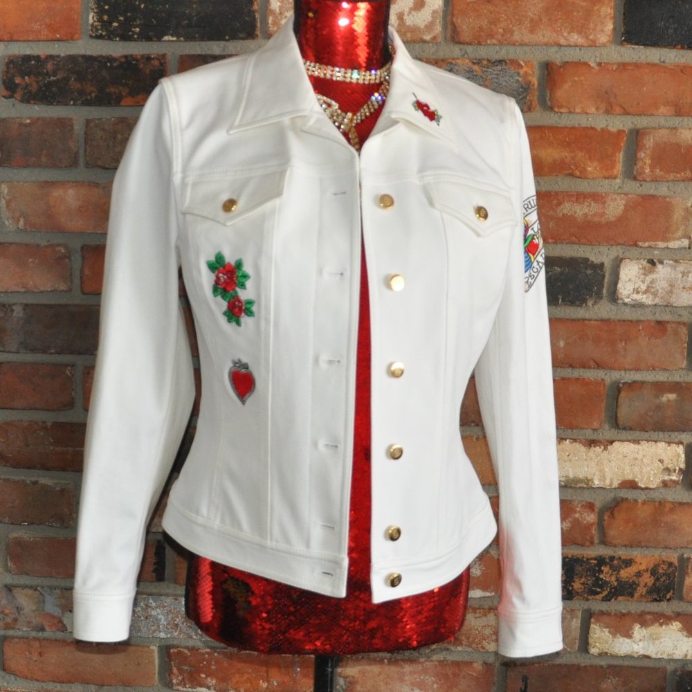 ESCADA White True Love Heart Rose Embroidered Denim Jacket Coat 36